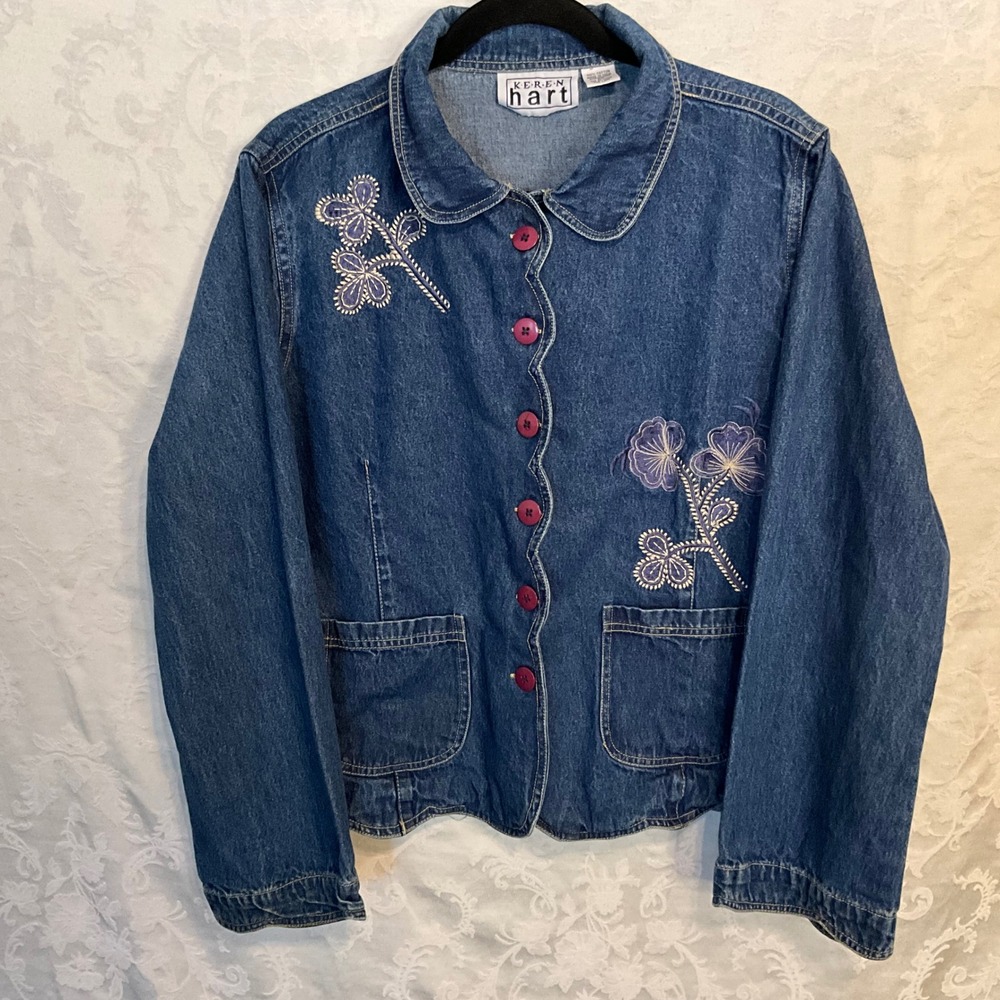 Keren Hart Denim Jacket Women's‎ XL Blue Floral Embroidered Button Front
